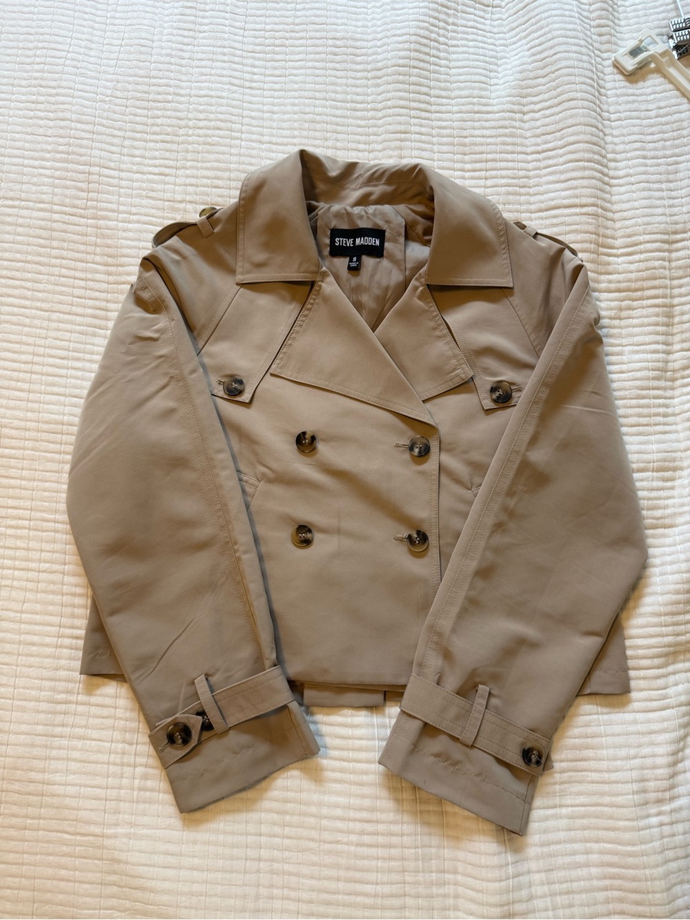 Steve Madden Cropped Taupe Double-Breasted Trench Coat